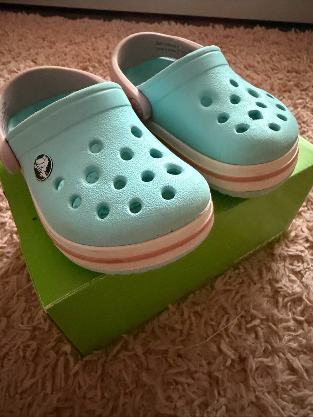 CROCS Kids Aqua Blue Slip-On Clogs with Pink-Trim Sole